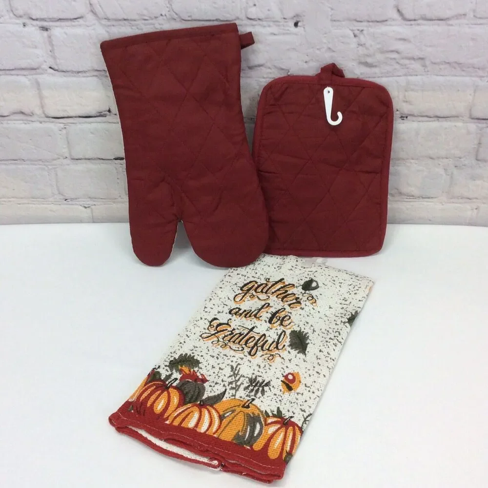 Fall Pumpkin 3 Pc Kitchen Set Dish Towel/Pot Holder/OvenMitt Multicolored Autumn